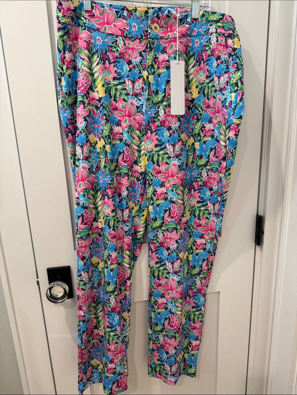Vibrant Floral Straight-Leg Pants in Pink, Blue & Green